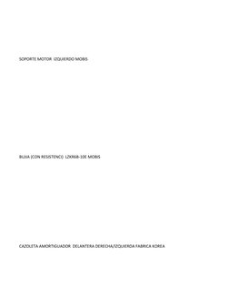 SOPORTE MOTOR  IZQUIERDO MOBIS
BUJIA (CON RESISTENCI)  LZKR6B-10E MOBIS
CAZOLETA AMORTIGUADOR  DELANTERA DERECHA/IZQUIERDA FA