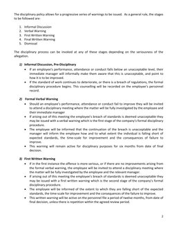 2 
 
The disciplinary policy allows for a progressive series of warnings to be issued.  As a general rule, the stages 
to be