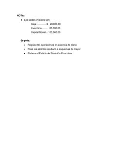 NOTA: 
 Los saldos iníciales son: 
Caja................$   20,000.00 
Inventario.........   80,000.00 
Capital Social... 100