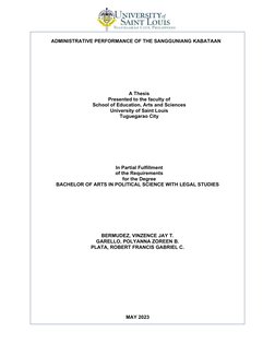 ADMINISTRATIVE PERFORMANCE OF THE SANGGUNIANG KABATAAN
A Thesis
Presented to the faculty of
School of Education, Arts and Sc