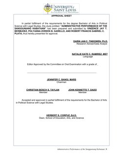 APPROVAL SHEET
Administrative Performance of the Sangguniang Kabataan | ii
In partial fulfillment of the requirements for the