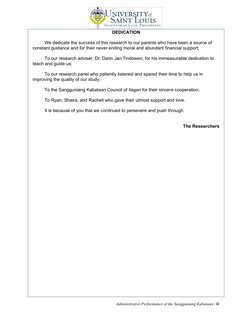 Administrative Performance of the Sangguniang Kabataan | iii
DEDICATION
We dedicate the success of this research to our paren