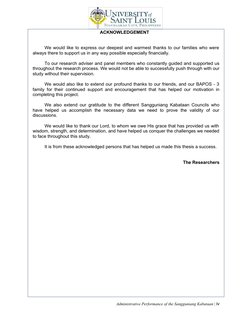 ACKNOWLEDGEMENT
Administrative Performance of the Sangguniang Kabataan | iv
We would like to express our deepest and warmest