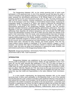 Administrative Performance of the Sangguniang Kabataan | 1
ABSTRACT
The Sangguniang Kabataan (SK), as the central gove