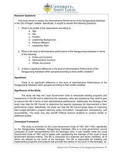 Administrative Performance of the Sangguniang Kabataan | 3
Research Questions
This study aimed to assess the Administrative P