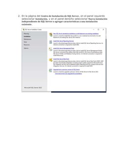 2. En la página del Centro de Instalación de SQL Server, en el panel izquierdo 
seleccionar Instalación, y en el panel derech