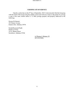 6 
CERTIFICATE OF SERVICE 
I hereby certify that on this 8th day of September, 2023, I electronically filed the foregoing 
wi