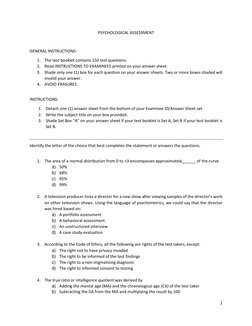 1 
 
PSYCHOLOGICAL ASSESSMENT 
 
GENERAL INSTRUCTIONS: 
1. The test booklet contains 150 test questions. 
2. Read INSTRUCTION