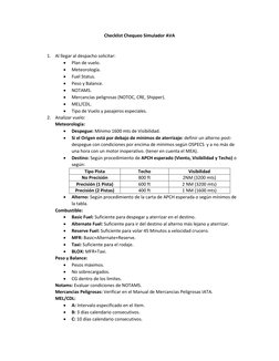 Checklist Chequeo Simulador AVA 
 
1. Al llegar al despacho solicitar: 
 
Plan de vuelo. 
 
Meteorología. 
 
Fuel Status.