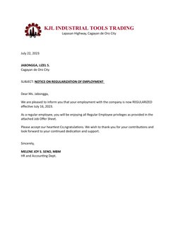 KJL INDUSTRIAL TOOLS TRADING
Lapasan Highway, Cagayan de Oro City
July 22, 2023
JABONGGA, LIZEL S.
Cagayan de Oro City
SUBJEC
