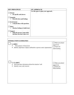 KEY PRINCIPLES 
MY APPROACH 
 
 Esteem 
 
Be specific and sincere 
 
 Empathy 
 
Describe facts and feelings 
 
 Involvemen