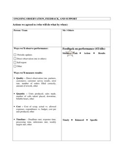 ONGOING OBSERVATION, FEEDBACK, AND SUPPORT 
 
Actions we agreed to (who will do what by when): 
 
Person / Team