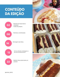 CONTEÚDO
DA EDIÇÃO
02
Receita da massa base e
variações !
modo de preparo.
08
Recheios, combinações.
12
Forma utilizada, emba