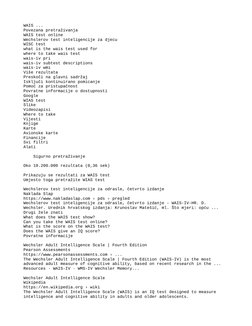 WAIS ...
Povezana pretraživanja
WAIS test online
Wechslerov test inteligencije za djecu
WISC test
what is the wais test used