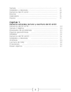 2 
Sumas  
81 
Unidades y decenas 
85 
Números del 70 al 80 
88 
Restas  
91 
Calendario  
95 
Repaso  
97 
 
 
Capítul