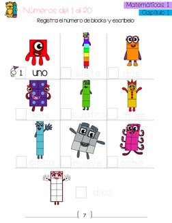 7 
 Matemáticas 1  
 Capítulo 1  
Números del 1 al 20 
Registra el número de blocks y escríbelo: