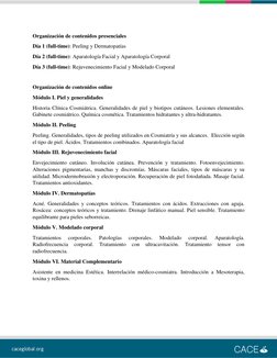 Organización de contenidos presenciales  
Día 1 (full-time): Peeling y Dermatopatías 
Día 2 (full-time): Aparatología Fac