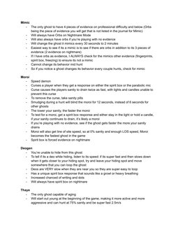 Mimic
-
The only ghost to have 4 pieces of evidence on professional difficulty and below (Orbs
being the piece of evidence yo