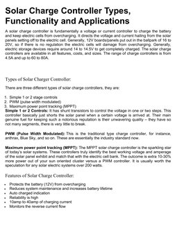 Solar Charge Controller Types, 
Functionality and Applications
A solar charge controller is fundamentally a voltage or curren