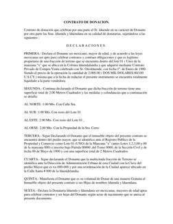 CONTRATO DE DONACION. 
Contrato de donación que celebran por una parte el Sr. lduende en su carácter de Donante 
por otra par