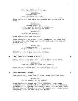 3.
Wake up. Wake up. Wake up.
YOUNG ELSA
(grumbling)
Anna, go back to sleep.
Anna rolls onto her back and spreads all her wei
