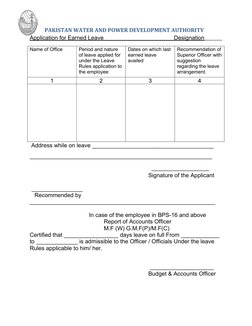 PAKISTAN WATER AND POWER DEVELOPMENT AUTHORITY
Application for Earned Leave                                            Desi