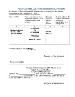 PAKISTAN WATER AND POWER DEVELOPMENT AUTHORITY
Application for Earned Leave Mr. Muhammad Younas Khan S/o Hassan 
Muhammad Kha