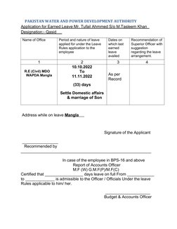 PAKISTAN WATER AND POWER DEVELOPMENT AUTHORITY
Application for Earned Leave Mr. Tufail Ahmmed S/o M.Tasleem Khan  
Designatio