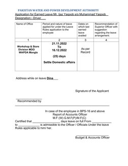 PAKISTAN WATER AND POWER DEVELOPMENT AUTHORITY
Application for Earned Leave Mr. Ijaz Yaqoob s/o Muhammad Yaqoob   
Designatio