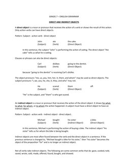 GRADE 7 – ENGLISH GRAMMAR 
DIRECT AND INDIRECT OBJECTS
A direct object is a noun or pronoun that receives the action of a ver