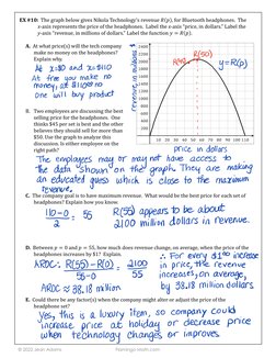 EX #10:  The graph below gives Nikola Technology’s revenue 𝐴𝐴𝑝𝑝, for Bluetooth headphones.  The 
x-axis represents the pr