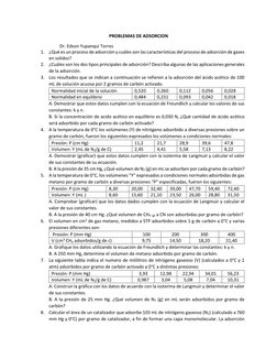 PROBLEMAS DE ADSORCION 
                        Dr. Edson Yupanqui Torres 
1. ¿Qué es un proceso de adsorción y cuáles son la