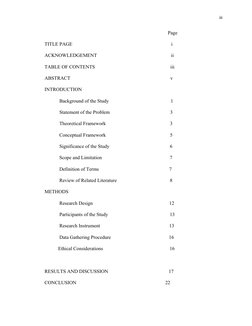 iii
Page
TITLE PAGE                                                                                i
ACKNOWLEDGEMENT