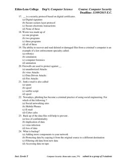Ethio-Lens College     Dep’t: Computer Science        Course: Computer Security 
 
       Deadline: 11/09/2015 E.C. 
Inst: Ze
