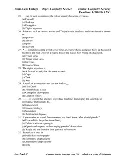 Ethio-Lens College     Dep’t: Computer Science        Course: Computer Security 
 
       Deadline: 11/09/2015 E.C. 
Inst: Ze