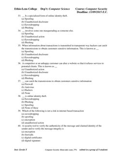 Ethio-Lens College     Dep’t: Computer Science        Course: Computer Security 
 
       Deadline: 11/09/2015 E.C. 
Inst: Ze