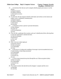 Ethio-Lens College     Dep’t: Computer Science        Course: Computer Security 
 
       Deadline: 11/09/2015 E.C. 
Inst: Ze