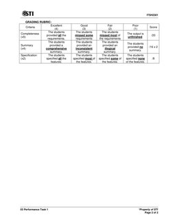 ITSH2301 
 
03 Performance Task 1 
 
*Property of STI 
Page 2 of 2 
GRADING RUBRIC: 
Criteria 
Excellent 
(4) 
Good 
(3) 
Fai