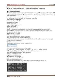 KLE Technological University 
 
P a g e  | 3 
USN: 01FE21MCA023 
 
 
 
Program 2: Linear Regression – Multi Variable Linear R