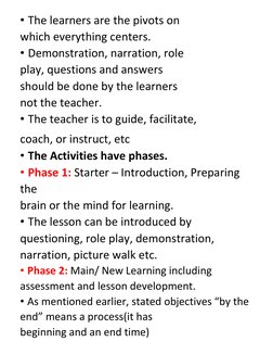 • The learners are the pivots on 
which everything centers. 
• Demonstration, narration, role 
play, questions and answers 
s
