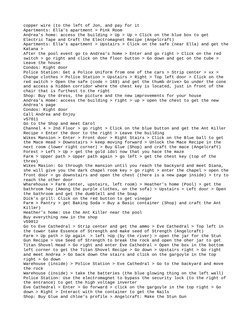 copper wire (to the left of Jon, and pay for it
Apartments: Ella’s apartment > Pink Room
Andrea’s home: access the building >