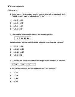 4th Grade Sample test 
 
Objective 1.1  
 
1. Dana used a rule to make a number pattern. Her rule is to multiply by 2. 
Which