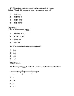 17.   Mary-Anne bought a car for twelve thousand, forty-nine 
dollars. What is this amount of money written as a numeral?