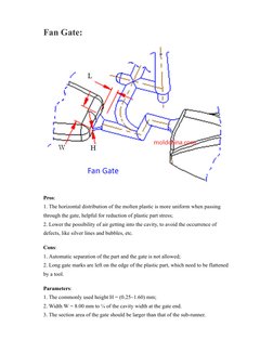 Fan Gate:
Pros: 
1. The horizontal distribution of the molten plastic is more uniform when passing
through the gate, helpfu