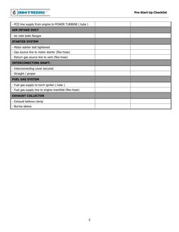 Pre-Start Up Checklist 
 
 
2 
- PCD line supply from engine to POWER TURBINE ( tube ) 
  
  
AIR INTAKE DUCT 
  
  
- Air