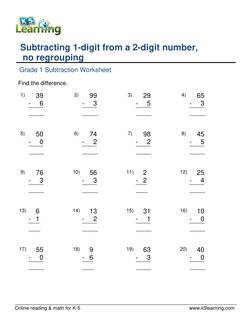 Online reading & math for K-5
www.k5learning.com
Subtracting 1-digit from a 2-digit number,
no regrouping
Grade 1 Subtraction