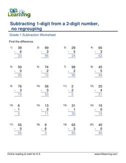 Online reading & math for K-5
www.k5learning.com
Subtracting 1-digit from a 2-digit number,
no regrouping
Grade 1 Subtraction