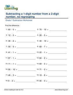 Online reading & math for K-5
www.k5learning.com
Subtracting a 1-digit number from a 2-digit
number, no regrouping
Grade 1 Su