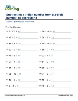 Online reading & math for K-5
www.k5learning.com
Subtracting a 1-digit number from a 2-digit
number, no regrouping
Grade 1 Su