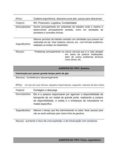 EPI(s): 
 
Cadeira ergonômica, descanso pros pés, pausa para descansar.
Cargo(s):
RH, Financeiro, Logística, Contabilidade
De
